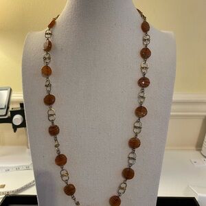 Classic Brown Amber Glass Bead Long Necklace